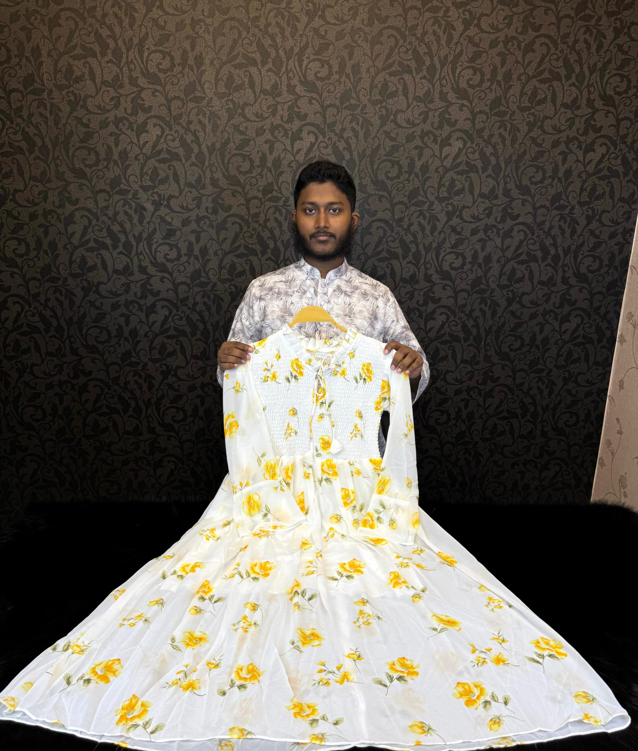 সাদা জর্জেট গাউন হলুদকালার ফুল